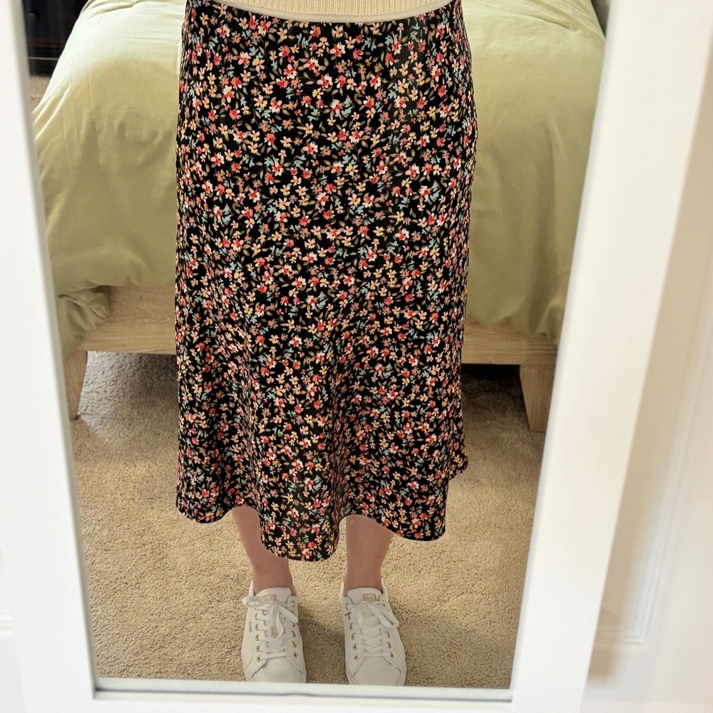 LOFT Black Floral Midi Skirt